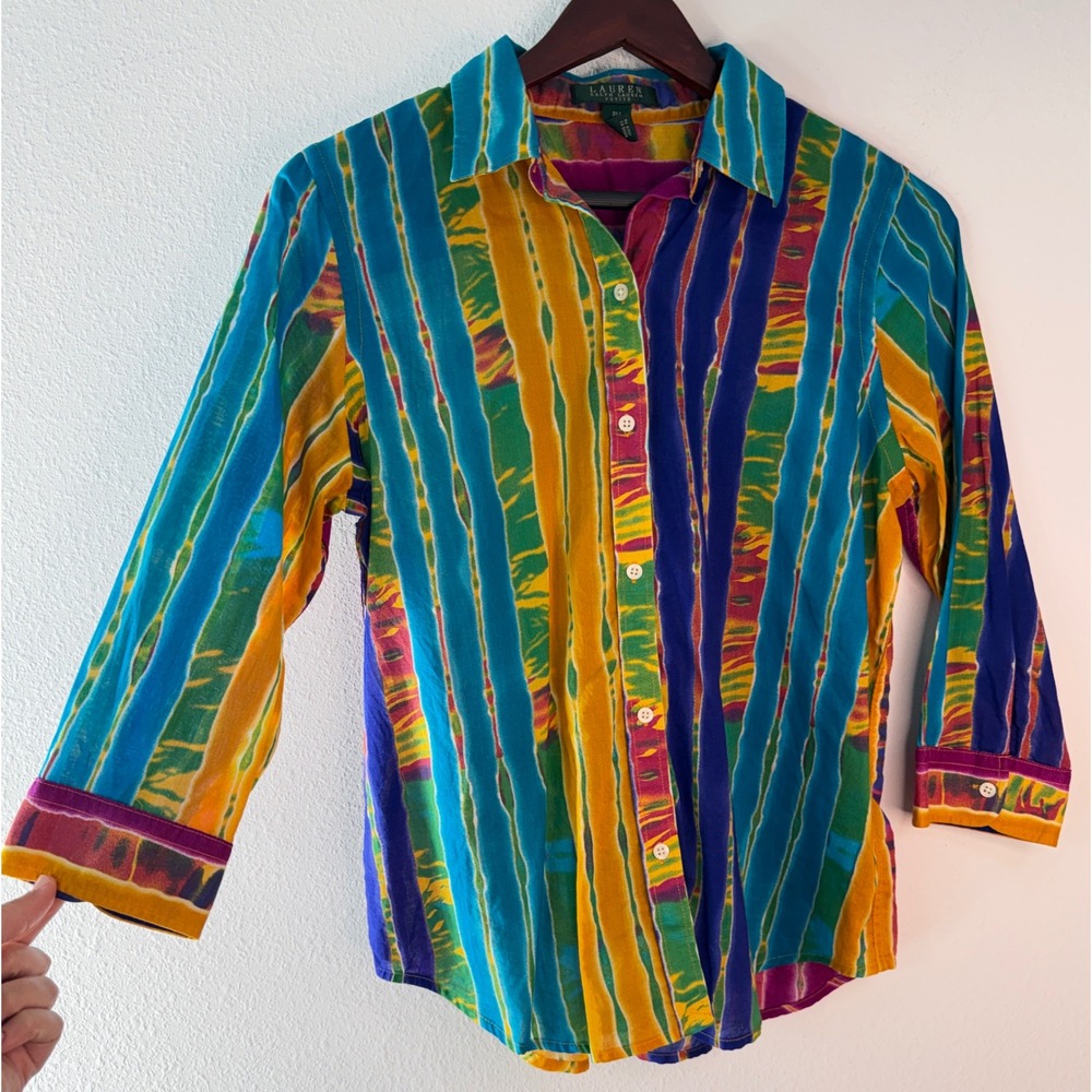 VTG Y2K Lauren Ralph Lauren Tie Dye Button Down Shirt Boho Colorful Hippie PM